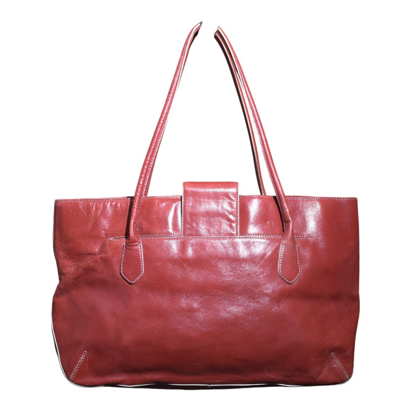 COLE HAAN Deep Red Leather Tote Bag XL Blue Lining Carry All Statement Feminine - Picture 2 of 14